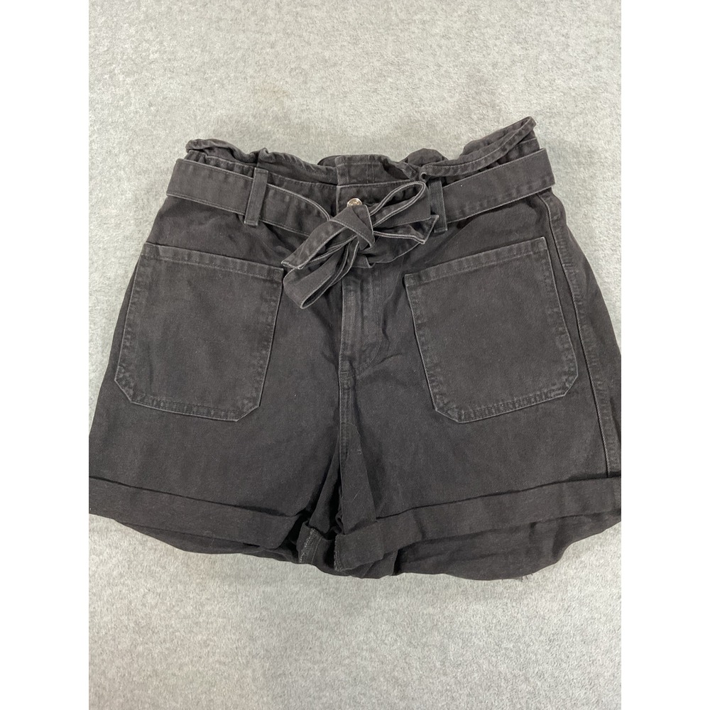 Zara Womens Paperbag Waist Denim Shorts Faded Black Tie Belt Size 10 2762